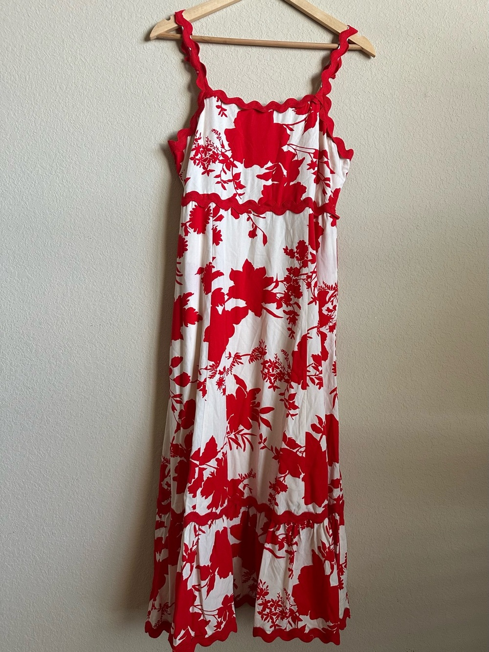 Cato Red and White Floral Rick Rack Midi Dress Size M